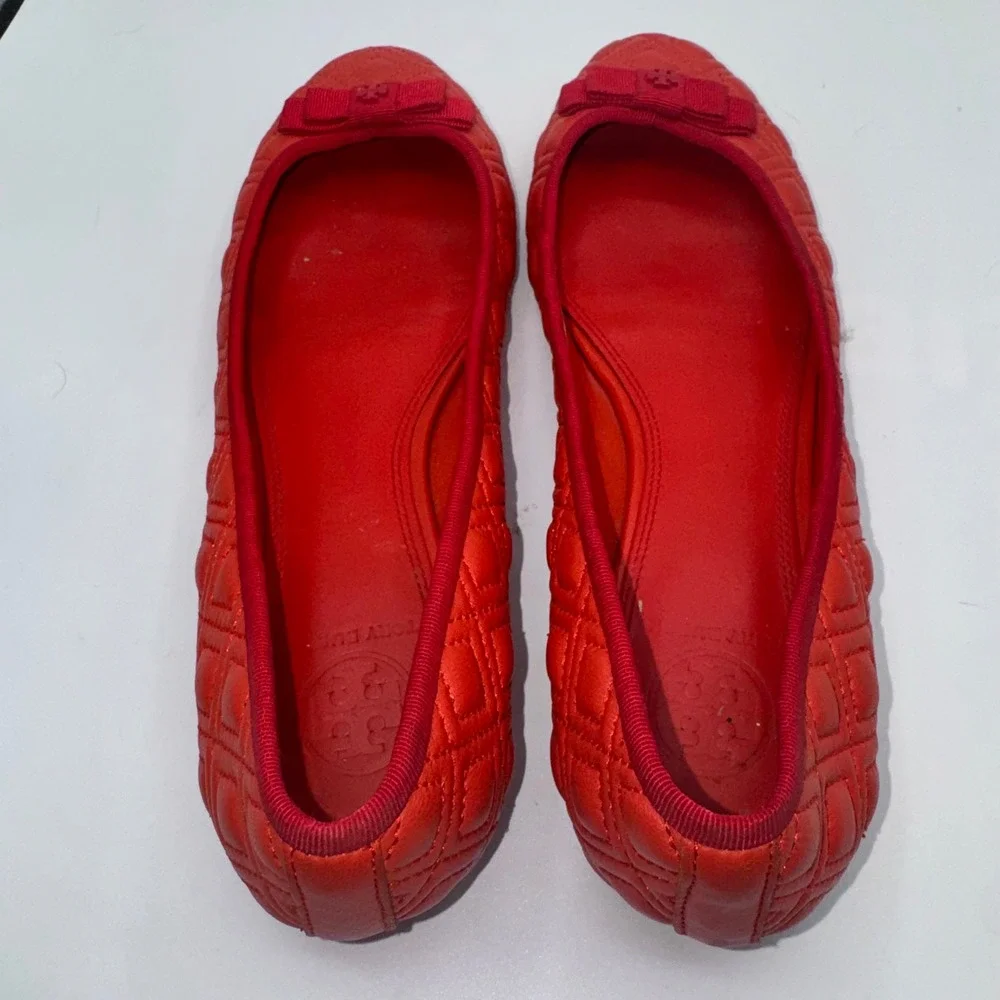 Tory Burch Marion Quilted Leather Ballet Flats Samba Red Bow Logo 7M Dress Shoes